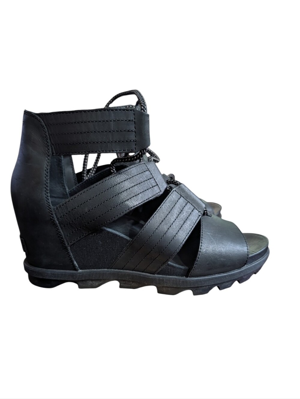 Sorel Joanie Lace Wedge Sandals Black Leather Hidden Wedge Gladiator Size 10.5 - Picture 4 of 10